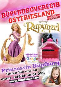 Hüpfburgverleih Ostfriesland | Hüpfburg, rosa Schloss, Prinzessin, Rapunzel, Springfläche, Mädchen, Flyer | Niedersachsen & Bremen